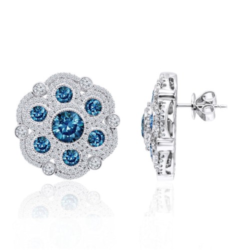7.15CTW Lab-Created Royal Blue and White Diamond Earrings in 14K White Gold
