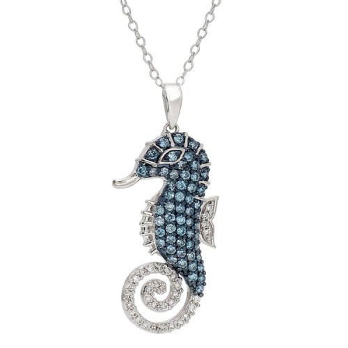 0.75CTTW Lab-Created Blue & White Diamond Seahorse Pendant in 14K White Gold